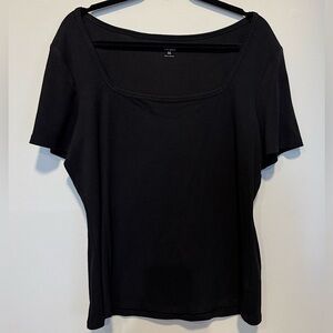 A.N.A. NEVER WORN Square Neck Ribbed Short Sleeve Pullover Knit Top XXL Black